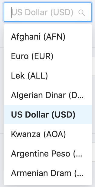 A currency selector dropdown