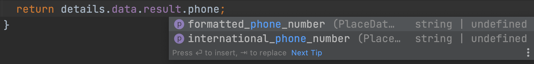 IDE showing autocomplete with possible fields matching 'phone'